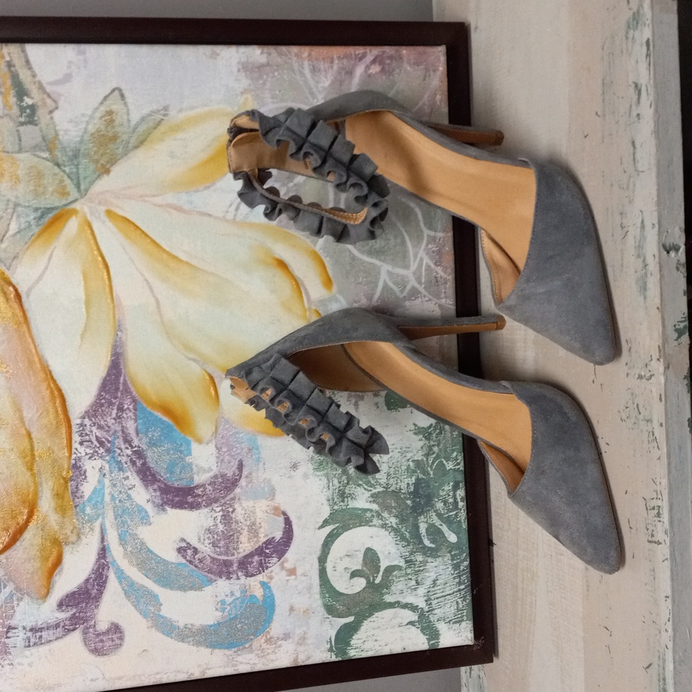 Charlotte Russe Gray, Pointed Toe, Ruffle Strap, Zip Back Heels